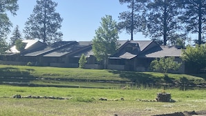Een rij vakantiehuisjes met schuine daken, omringd door een grasrijk landschap en bomen.