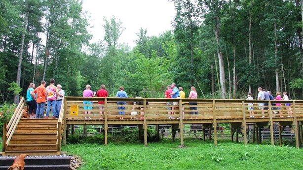 A group of people on a wooden bridge in a wooded area.