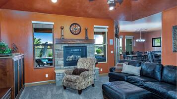 Smart TV, fireplace, video games, video library