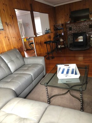 Smart TV, fireplace, DVD player, books