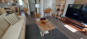A living room with a sofa, a coffee table, a TV, and a dining area with chairs and a table.