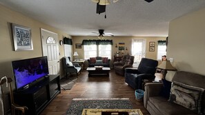 Smart TV, lareira, DVD player, livros