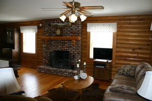 Smart TV, fireplace, DVD player, books