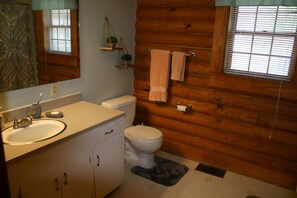 Combined shower/tub, hair dryer, towels, soap