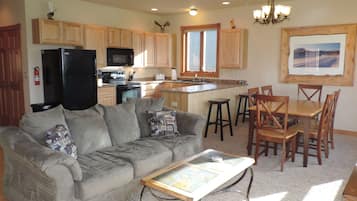 Smart TV, fireplace, books, streaming services