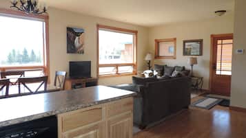 Smart TV, fireplace, books, streaming services