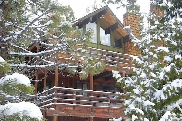 downhill looking up at cabin