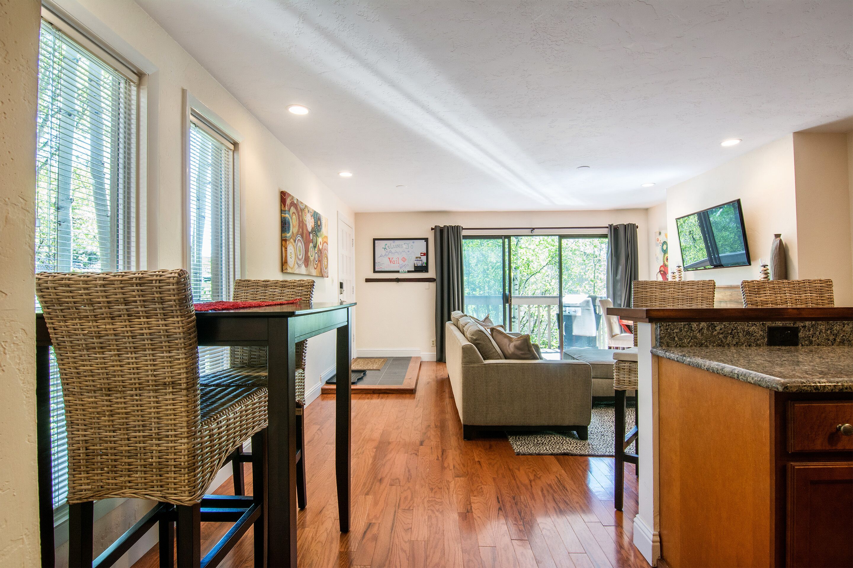 Televisión, chimenea, reproductor de DVD y estéreo 