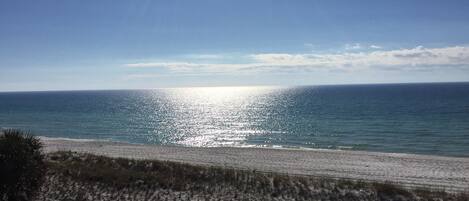 On the beach, sun-loungers