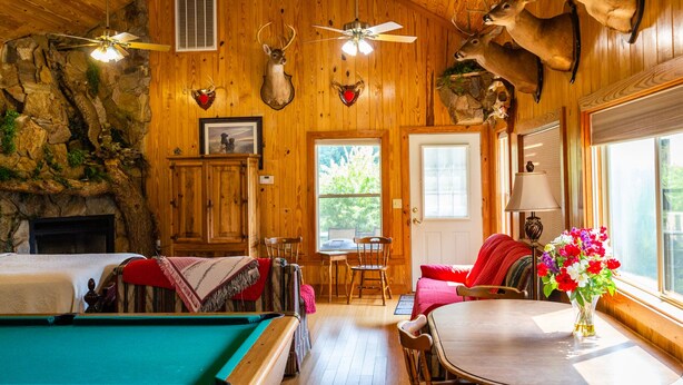 A cozy cabin interior with wooden walls, a pool table, a dining table with chairs, and a fireplace. - Tifton, GA - Shalom Guest House - Cabin in Peaceful Setting (Tifton)