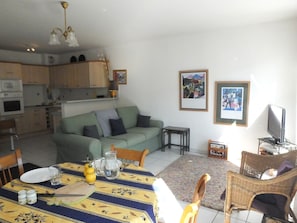 TV, DVD player, books, stereo