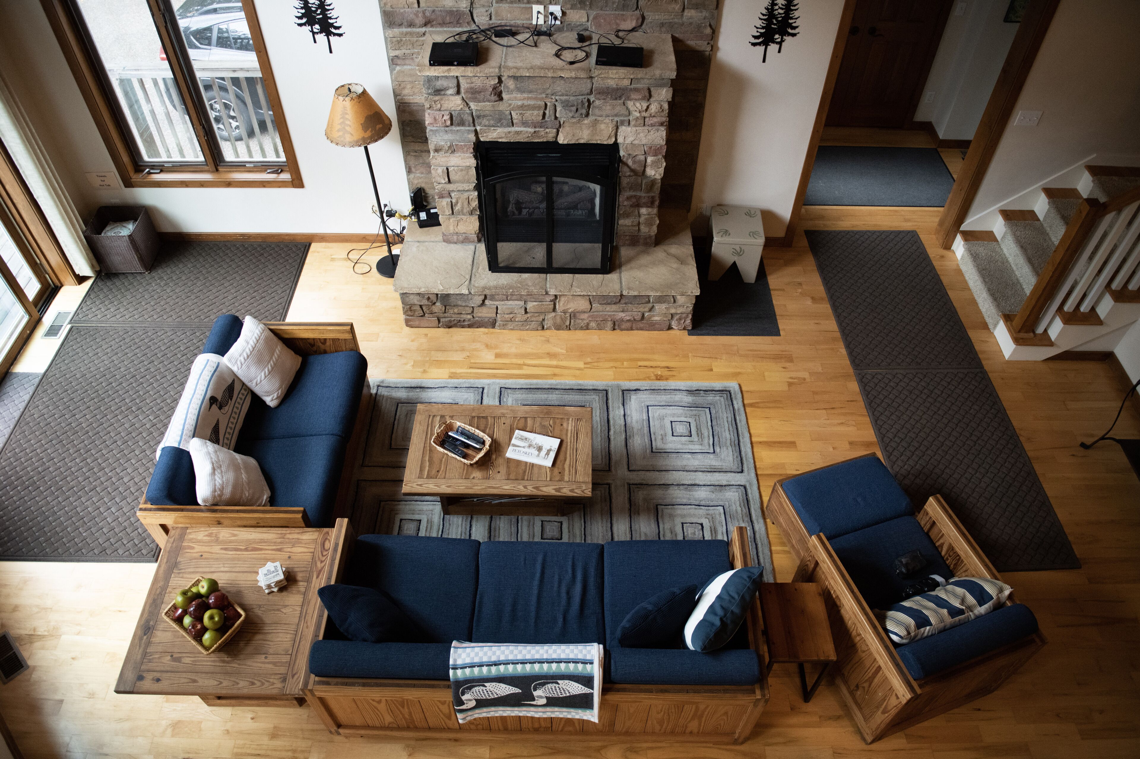 Smart TV, fireplace, video games, DVD player