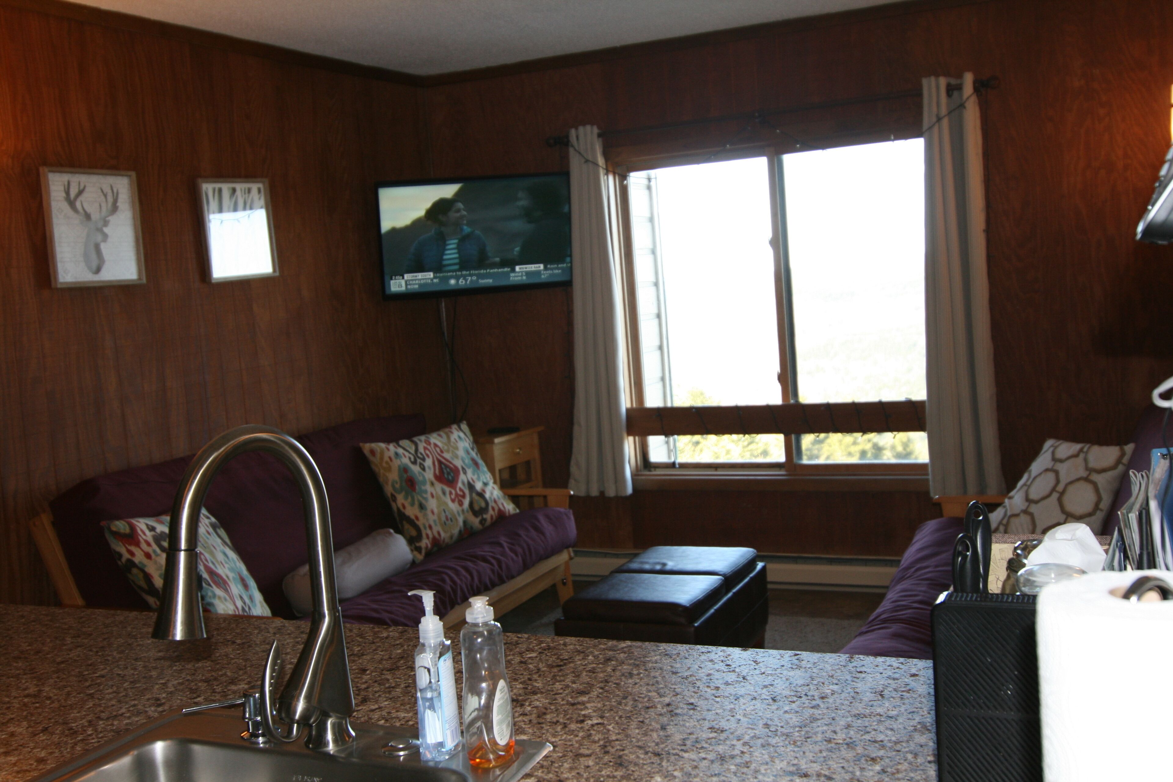 Un salon confortable avec un canapé, une table basse, un téléviseur fixé au mur et une fenêtre avec des rideaux.