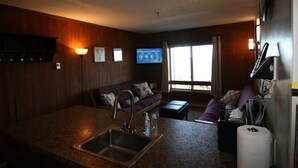Ein kompakter Wohnraum mit Küchenzeile, einer Couch und einem Fernseher.