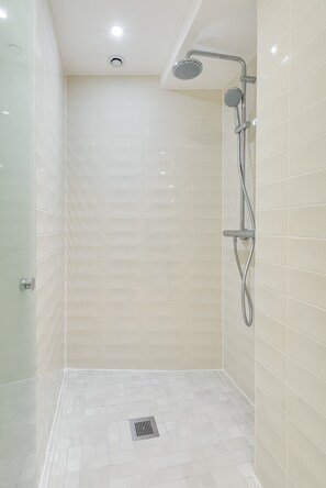 Combined shower/tub, free toiletries, hair dryer, towels