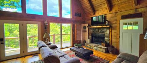 Télévision, cheminée, lecteur de DVD, vidéothèque