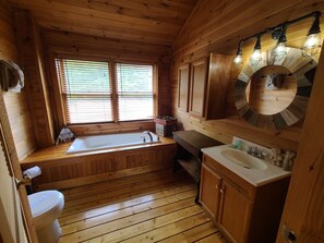 Shower, jetted tub, hair dryer, towels