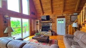 TV, fireplace, DVD player, video library - Secluded Cozy Cabin with Mountain Views, near Pigeon Forge, Gatlinburg, Hot Tub (Sevierville)