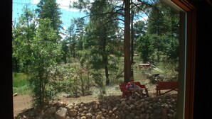 Vista de un área natural con un banco de madera y un muro de piedra.