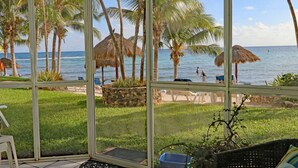 A view from a room with large windows overlooking a beach with palm trees and thatched umbrellas. - Private Beachfront w/ Lanai-Pool-Tropical Gardens! (Akumal)