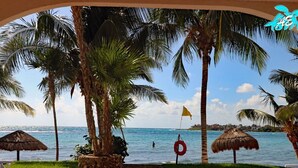A beach view with palm trees, a lifebuoy, and a thatched umbrella. - Private Beachfront w/ Lanai-Pool-Tropical Gardens! (Akumal)
