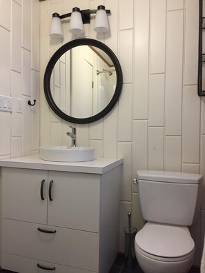 Combined shower/tub, hair dryer, towels, soap
