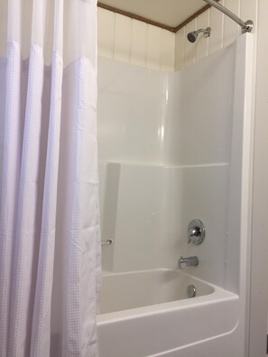 Combined shower/tub, hair dryer, towels, soap