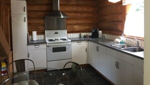 Cocina compacta con estufa, lavamanos y alacenas, paredes de madera y un ventanal con cortinas.