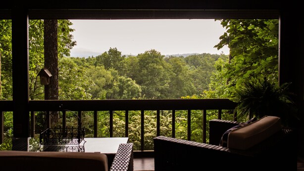 Un balcon donnant sur un paysage boisé.