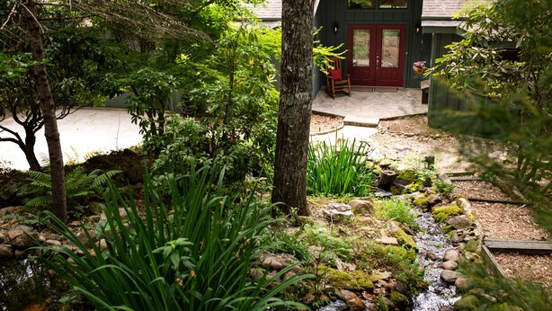 A garden with a small stream, a wooden bench, and a red door.
