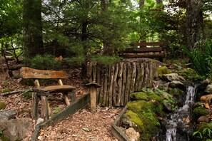 A rustic wooden bench and a small waterfall in a forested area. - Connestee Falls Retreat (Brevard)