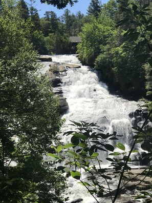 A waterfall cascading over rocks surrounded by dense green foliage. - Connestee Falls Retreat (Brevard)