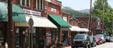 A street lined with brick buildings, including a store named 'Cherry Street Kids' and a bookstore.