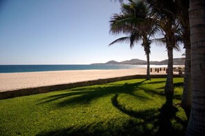 On the beach, sun-loungers, beach towels