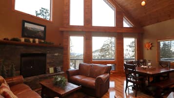 Télévision, cheminée, lecteur de DVD, baby-foot