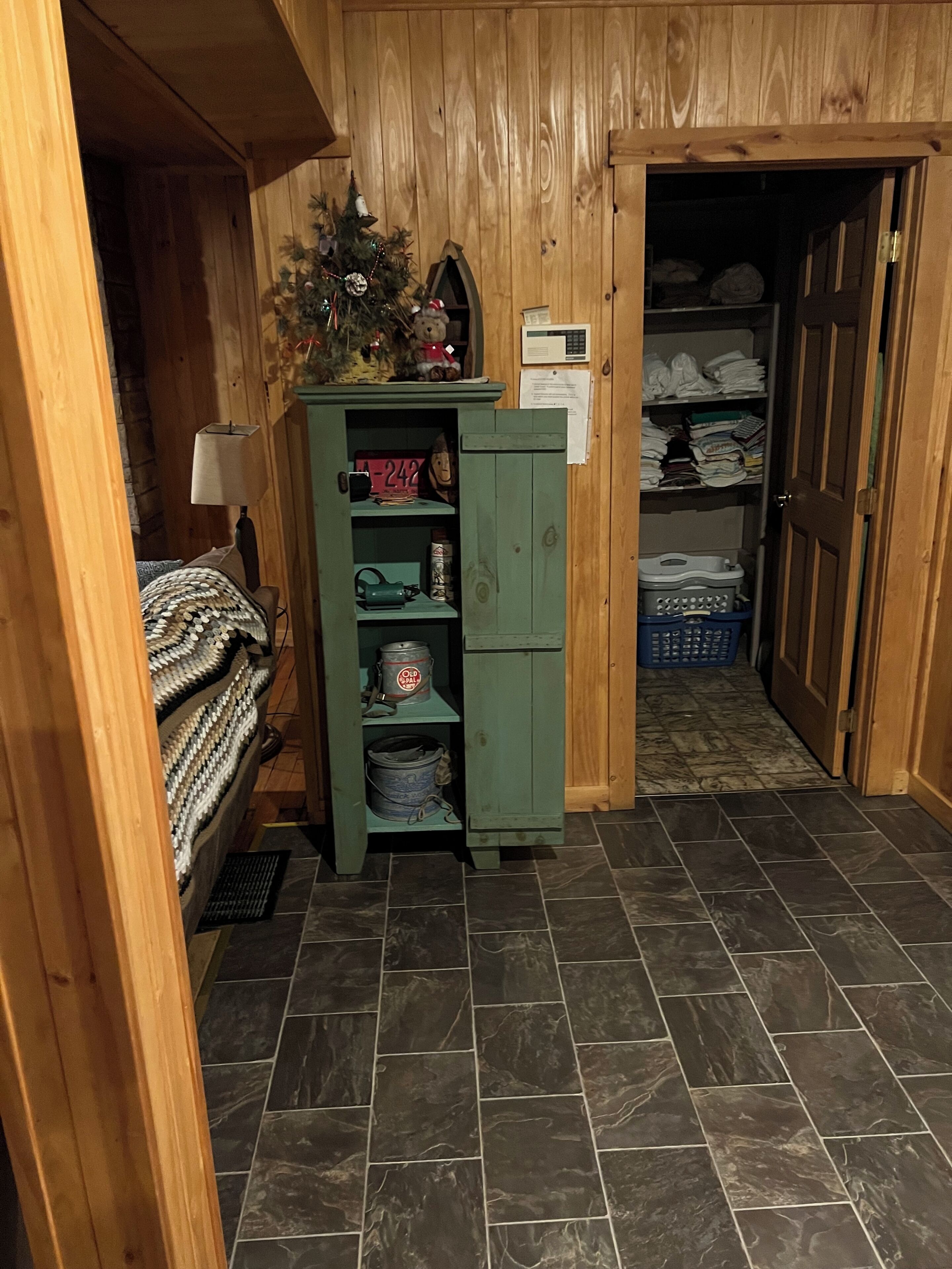 A wooden room with a bed, a green cabinet with shelves, a small Christmas tree, and a door leading to a closet.