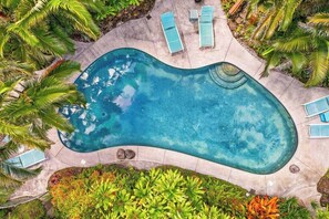 Luftaufnahme eines Swimmingpools mit Liegestühlen und tropischer Bepflanzung.