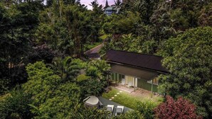 A house surrounded by dense tropical vegetation, with a clear view of the property and a pathway leading to the entrance. - Haleakala Cottage - private hot tub, pool access (Haiku)