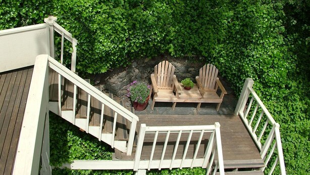 A wooden deck with a staircase leading to a seating area with Adirondack chairs and a small table, surrounded by lush greenery. - Downtown Port Townsend - Hillside Penthouse Vacation Rental (Port Townsend)