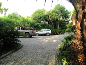 A paved pathway leading to a white vehicle parked in a lush, green environment.