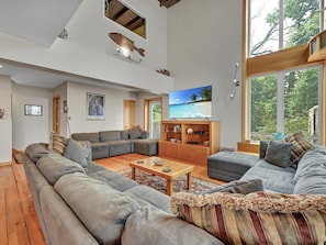 Smart TV, fireplace, video games, DVD player