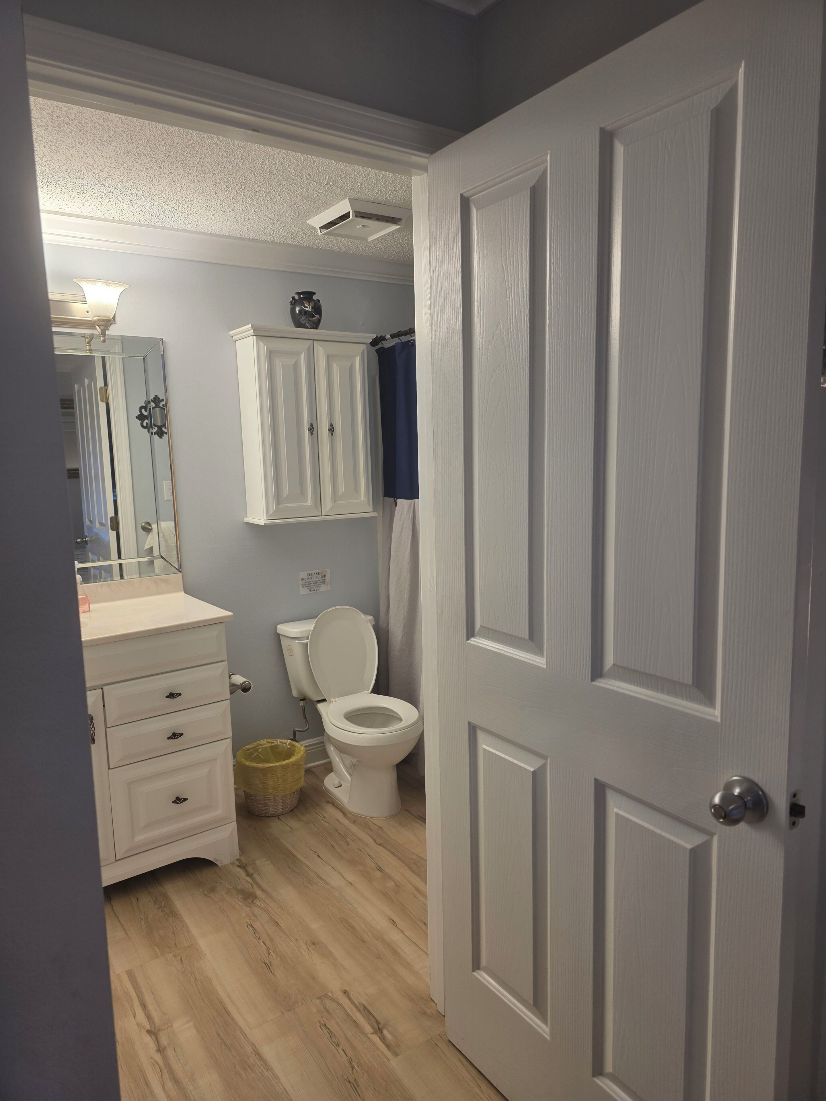 A bathroom with a toilet, a cabinet, a mirror, and a door.
