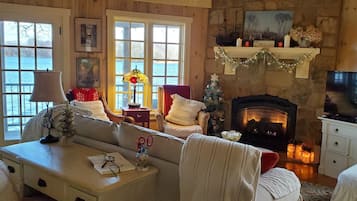 Smart TV, fireplace, DVD player, books