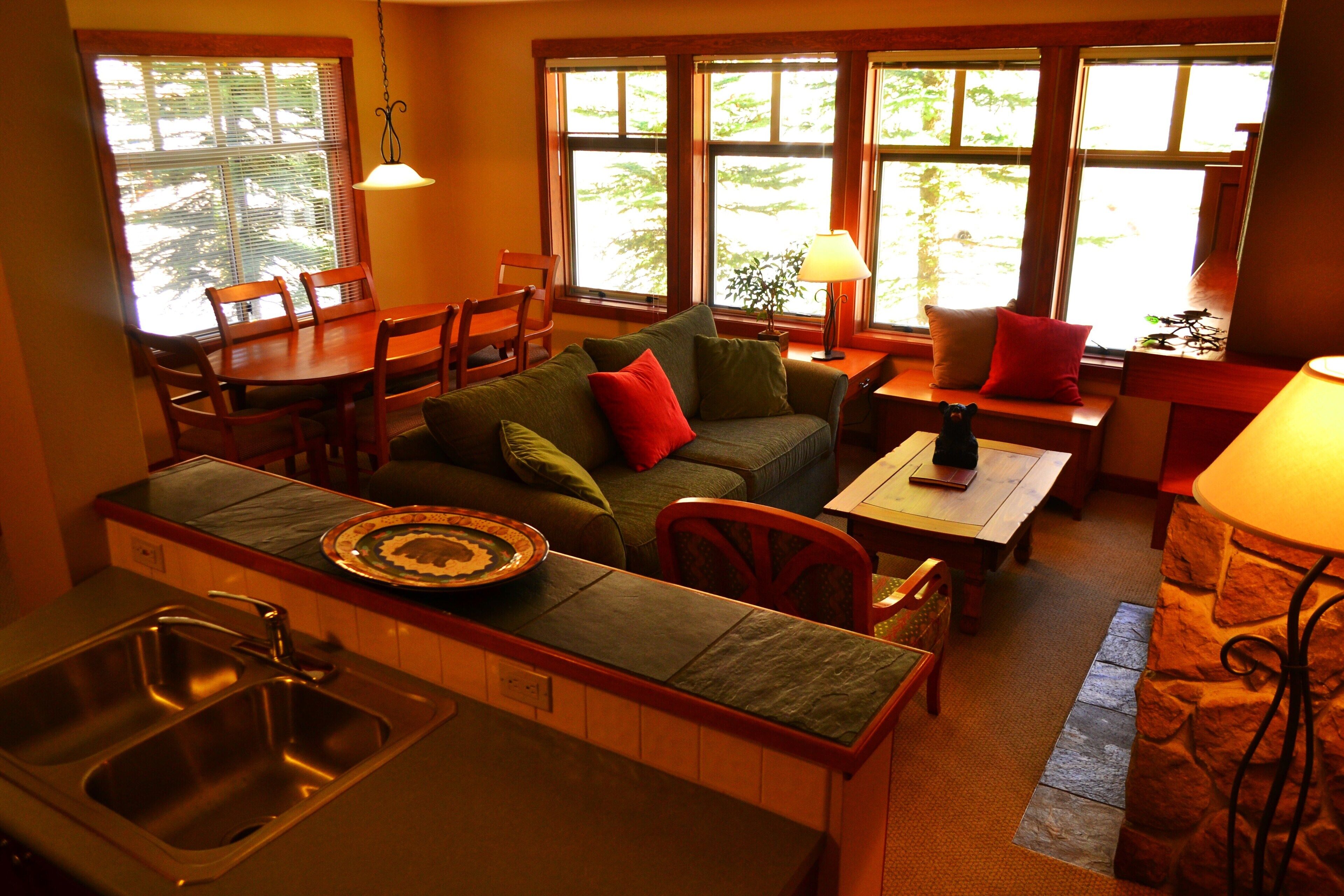 Smart TV, fireplace, video games, DVD player