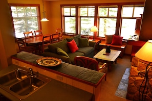 Smart TV, fireplace, video games, DVD player