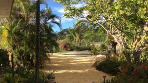 Ein Gartenpfad führt zu einem Haus mit Steinpflaster, umgeben von üppiger Bepflanzung und blühenden Pflanzen.