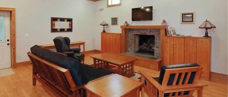 TV, fireplace, DVD player, books