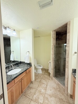 Shower, jetted bath, hair dryer, towels