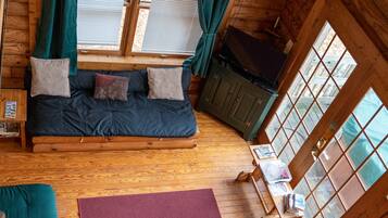 Smart TV, fireplace, DVD player, books