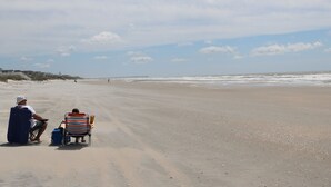Two people sitting on beach chairs facing the ocean, with a sandy beach and a clear sky in the background. - Monkey Sea, Monkey Dune ~ Top floor, End unit; Sound and Ocean view (Ocean Isle Beach)